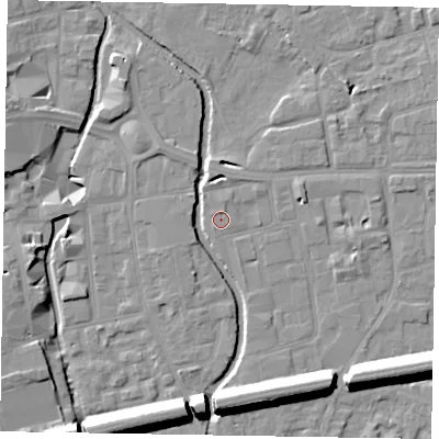Shaded relief map of the ground around SL68BR, computed from Environment Agency LiDAR. The ground here sits at about 24 m above sea level and falls 15 m across the surrounding 800 m. Surface water reaching this point runs off ground lying to the north-north-east, 1.1 m higher.