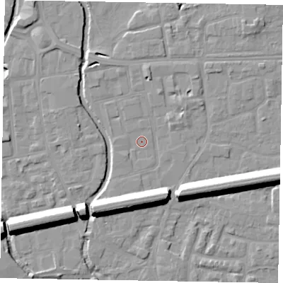 Shaded relief map of the ground around SL68BT, computed from Environment Agency LiDAR. The ground here sits at about 24 m above sea level and falls 13 m across the surrounding 800 m. Surface water reaching this point runs off ground lying to the north-west, 1.7 m higher.
