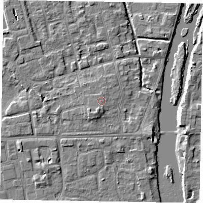 Shaded relief map of the ground around SL68BU, computed from Environment Agency LiDAR. The ground here sits at about 25 m above sea level and falls 7 m across the surrounding 800 m. Surface water reaching this point runs off ground lying to the south-south-west, 1.5 m higher.