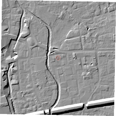 Shaded relief map of the ground around SL68BW, computed from Environment Agency LiDAR. The ground here sits at about 24 m above sea level and falls 15 m across the surrounding 800 m. Surface water reaching this point runs off ground lying to the north-west, 3.5 m higher.
