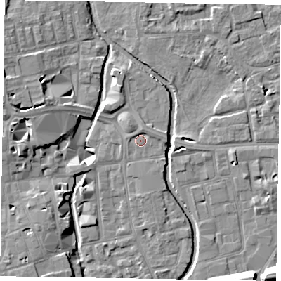Shaded relief map of the ground around SL68BX, computed from Environment Agency LiDAR. The ground here sits at about 24 m above sea level and falls 15 m across the surrounding 800 m. Surface water reaching this point runs off ground lying to the north, 1.6 m higher.