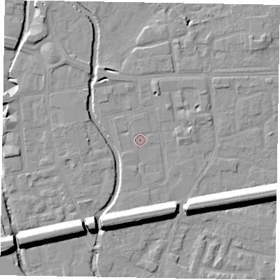 Shaded relief map of the ground around SL68BY, computed from Environment Agency LiDAR. The ground here sits at about 24 m above sea level and falls 15 m across the surrounding 800 m. Surface water reaching this point runs off ground lying to the north-west, 1.7 m higher.