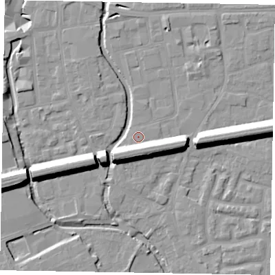 Shaded relief map of the ground around SL68DA, computed from Environment Agency LiDAR. The ground here sits at about 24 m above sea level and falls 15 m across the surrounding 800 m. Surface water reaching this point runs off ground lying to the south, 9.3 m higher.