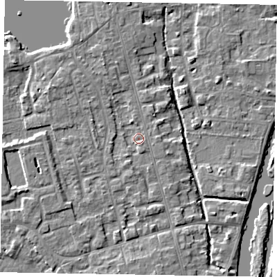 Shaded relief map of the ground around SL68DB, computed from Environment Agency LiDAR. The ground here sits at about 24 m above sea level and falls 4 m across the surrounding 800 m. Surface water reaching this point runs off ground lying to the south-south-east, 1.4 m higher.