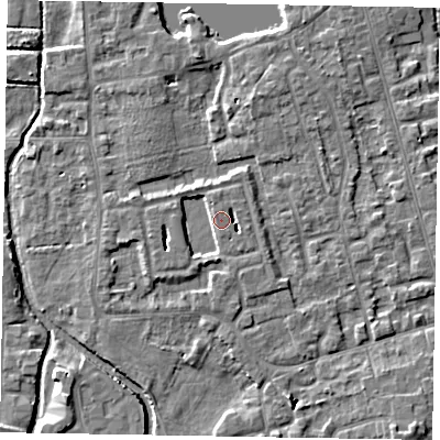 Shaded relief map of the ground around SL68DE, computed from Environment Agency LiDAR. The ground here sits at about 25 m above sea level and falls 5 m across the surrounding 800 m. Surface water reaching this point runs off ground lying to the south-south-west, 3.7 m higher.