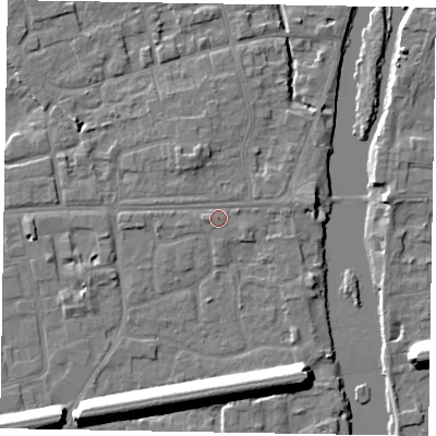 Shaded relief map of the ground around SL68DF, computed from Environment Agency LiDAR. The ground here sits at about 24 m above sea level and falls 13 m across the surrounding 800 m. Surface water reaching this point runs off ground lying to the west-south-west, 1.0 m higher.