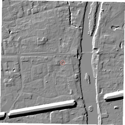 Shaded relief map of the ground around SL68DG, computed from Environment Agency LiDAR. The ground here sits at about 24 m above sea level and falls 13 m across the surrounding 800 m. Surface water reaching this point runs off ground lying to the north-east, 1.9 m higher.
