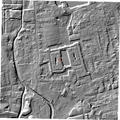 Shaded relief map of the ground around SL68DJ, computed from Environment Agency LiDAR. The ground here sits at about 25 m above sea level and falls 6 m across the surrounding 800 m. Surface water reaching this point runs off ground lying to the south-east, 3.7 m higher.