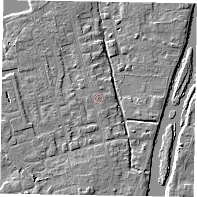 Shaded relief map of the ground around SL68DL, computed from Environment Agency LiDAR. The ground here sits at about 24 m above sea level and falls 5 m across the surrounding 800 m. Surface water reaching this point runs off ground lying to the north-north-west, 0.7 m higher.