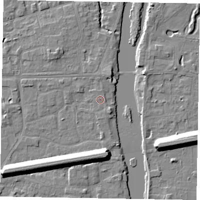 Shaded relief map of the ground around SL68DN, computed from Environment Agency LiDAR. The ground here sits at about 24 m above sea level and falls 13 m across the surrounding 800 m. The ground contributing surface water to this point lies to the north.