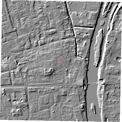 Shaded relief map of the ground around SL68DP, computed from Environment Agency LiDAR. The ground here sits at about 24 m above sea level and falls 5 m across the surrounding 800 m. Surface water reaching this point runs off ground lying to the west-south-west, 1.2 m higher.