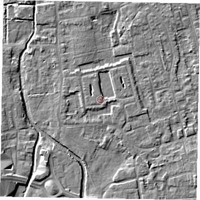 Shaded relief map of the ground around SL68DQ, computed from Environment Agency LiDAR. The ground here sits at about 25 m above sea level and falls 6 m across the surrounding 800 m. Surface water reaching this point runs off ground lying to the east, 3.7 m higher.