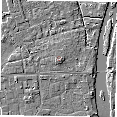 Shaded relief map of the ground around SL68DR, computed from Environment Agency LiDAR. The ground here sits at about 25 m above sea level and falls 5 m across the surrounding 800 m. Surface water reaching this point runs off ground lying to the east-south-east, 1.0 m higher.