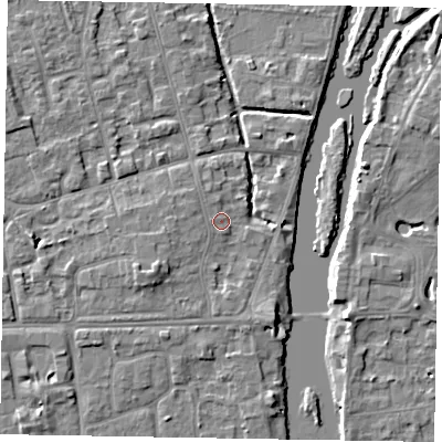 Shaded relief map of the ground around SL68DS, computed from Environment Agency LiDAR. The ground here sits at about 24 m above sea level and falls 5 m across the surrounding 800 m. Surface water reaching this point runs off ground lying to the west, 1.0 m higher.
