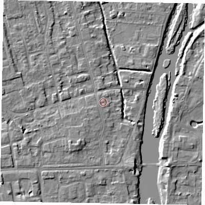 Shaded relief map of the ground around SL68DT, computed from Environment Agency LiDAR. The ground here sits at about 24 m above sea level and falls 5 m across the surrounding 800 m. Surface water reaching this point runs off ground lying to the south-south-west, 0.5 m higher.
