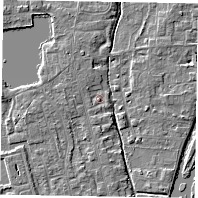 Shaded relief map of the ground around SL68DU, computed from Environment Agency LiDAR. The ground here sits at about 24 m above sea level and falls 4 m across the surrounding 800 m. Surface water reaching this point runs off ground lying to the south-west, 1.4 m higher.