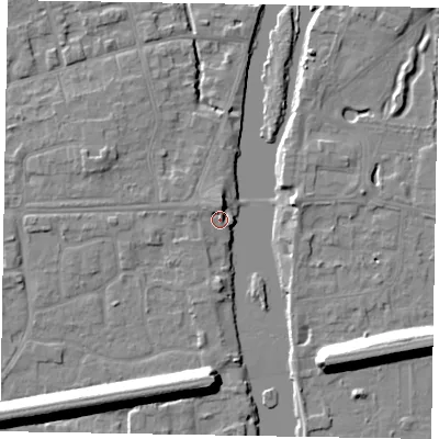 Shaded relief map of the ground around SL68DW, computed from Environment Agency LiDAR. The ground here sits at about 25 m above sea level and falls 13 m across the surrounding 800 m. Surface water reaching this point runs off ground lying to the north, 1.9 m higher.