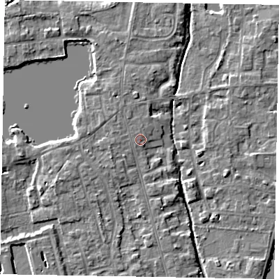 Shaded relief map of the ground around SL68DX, computed from Environment Agency LiDAR. The ground here sits at about 25 m above sea level and falls 4 m across the surrounding 800 m. Surface water reaching this point runs off ground lying to the north-west, 0.7 m higher.