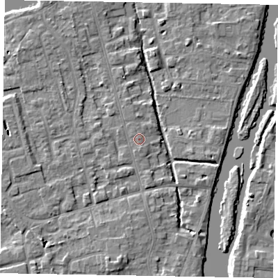 Shaded relief map of the ground around SL68DY, computed from Environment Agency LiDAR. The ground here sits at about 24 m above sea level and falls 5 m across the surrounding 800 m. Surface water reaching this point runs off ground lying to the north-west, 0.7 m higher.