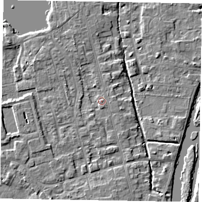 Shaded relief map of the ground around SL68DZ, computed from Environment Agency LiDAR. The ground here sits at about 24 m above sea level and falls 5 m across the surrounding 800 m. Surface water reaching this point runs off ground lying to the south-south-east, 1.3 m higher.