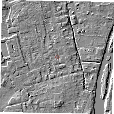 Shaded relief map of the ground around SL68EA, computed from Environment Agency LiDAR. The ground here sits at about 24 m above sea level and falls 5 m across the surrounding 800 m. Surface water reaching this point runs off ground lying to the south-south-west, 1.0 m higher.