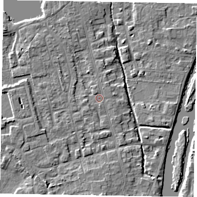 Shaded relief map of the ground around SL68EB, computed from Environment Agency LiDAR. The ground here sits at about 24 m above sea level and falls 5 m across the surrounding 800 m. Surface water reaching this point runs off ground lying to the north-north-west, 1.0 m higher.