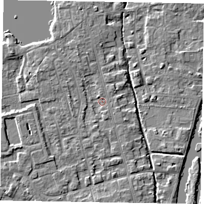 Shaded relief map of the ground around SL68ED, computed from Environment Agency LiDAR. The ground here sits at about 24 m above sea level and falls 4 m across the surrounding 800 m. Surface water reaching this point runs off ground lying to the south-south-east, 1.4 m higher.