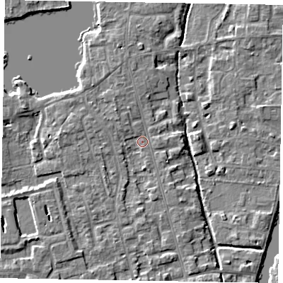 Shaded relief map of the ground around SL68EE, computed from Environment Agency LiDAR. The ground here sits at about 24 m above sea level and falls 4 m across the surrounding 800 m. Surface water reaching this point runs off ground lying to the north-west, 2.0 m higher.
