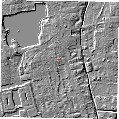 Shaded relief map of the ground around SL68EF, computed from Environment Agency LiDAR. The ground here sits at about 25 m above sea level and falls 4 m across the surrounding 800 m. Surface water reaching this point runs off ground lying to the north-west, 1.3 m higher.