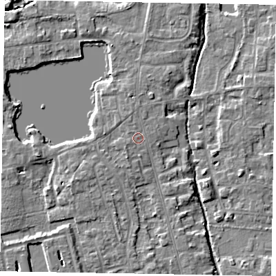 Shaded relief map of the ground around SL68EG, computed from Environment Agency LiDAR. The ground here sits at about 25 m above sea level and falls 7 m across the surrounding 800 m. Surface water reaching this point runs off ground lying to the west-south-west, 0.7 m higher.