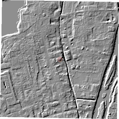 Shaded relief map of the ground around SL68EH, computed from Environment Agency LiDAR. The ground here sits at about 24 m above sea level and falls 5 m across the surrounding 800 m. Surface water reaching this point runs off ground lying to the south-south-west, 3.1 m higher.