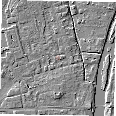 Shaded relief map of the ground around SL68EJ, computed from Environment Agency LiDAR. The ground here sits at about 24 m above sea level and falls 5 m across the surrounding 800 m. Surface water reaching this point runs off ground lying to the north-north-west, 1.1 m higher.
