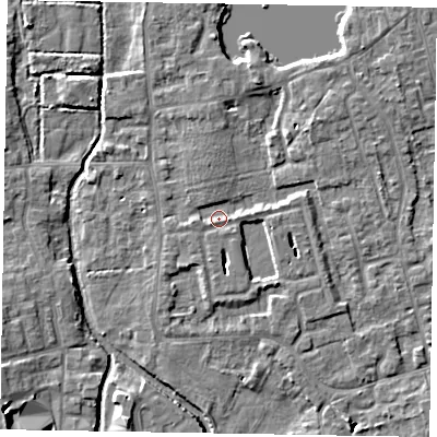 Shaded relief map of the ground around SL68EL, computed from Environment Agency LiDAR. The ground here sits at about 24 m above sea level and falls 7 m across the surrounding 800 m. Surface water reaching this point runs off ground lying to the south-east, 3.7 m higher.