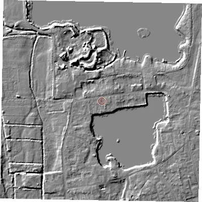 Shaded relief map of the ground around SL68EN, computed from Environment Agency LiDAR. The ground here sits at about 25 m above sea level and falls 7 m across the surrounding 800 m. Surface water reaching this point runs off ground lying to the north-north-east, 0.7 m higher.
