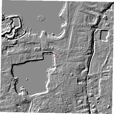 Shaded relief map of the ground around SL68EP, computed from Environment Agency LiDAR. The ground here sits at about 25 m above sea level and falls 8 m across the surrounding 800 m. Surface water reaching this point runs off ground lying to the north-north-west, 3.6 m higher.