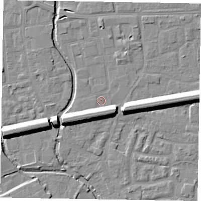 Shaded relief map of the ground around SL68EQ, computed from Environment Agency LiDAR. The ground here sits at about 24 m above sea level and falls 13 m across the surrounding 800 m. Surface water reaching this point runs off ground lying to the south-west, 10.0 m higher.