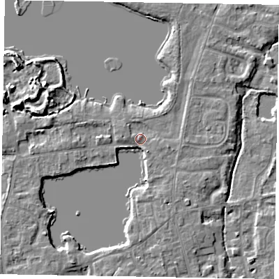 Shaded relief map of the ground around SL68ER, computed from Environment Agency LiDAR. The ground here sits at about 24 m above sea level and falls 8 m across the surrounding 800 m. Surface water reaching this point runs off ground lying to the south-south-east, 3.6 m higher.