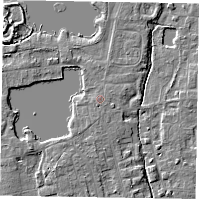 Shaded relief map of the ground around SL68ES, computed from Environment Agency LiDAR. The ground here sits at about 25 m above sea level and falls 8 m across the surrounding 800 m. The ground contributing surface water to this point lies to the east-north-east.