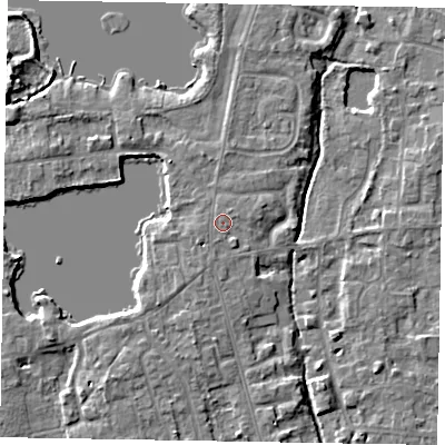 Shaded relief map of the ground around SL68ET, computed from Environment Agency LiDAR. The ground here sits at about 25 m above sea level and falls 5 m across the surrounding 800 m. Surface water reaching this point runs off ground lying to the south-south-east, 0.9 m higher.