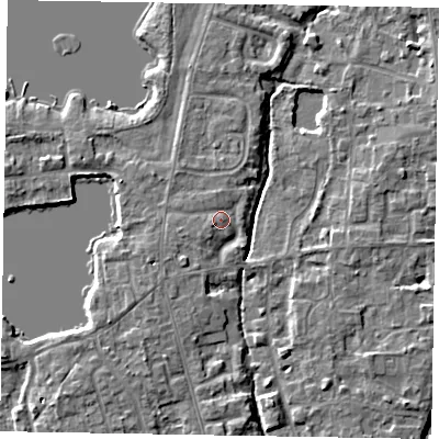 Shaded relief map of the ground around SL68EU, computed from Environment Agency LiDAR. The ground here sits at about 25 m above sea level and falls 5 m across the surrounding 800 m. Surface water reaching this point runs off ground lying to the west-south-west, 1.0 m higher.