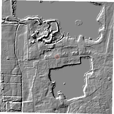 Shaded relief map of the ground around SL68EW, computed from Environment Agency LiDAR. The ground here sits at about 25 m above sea level and falls 7 m across the surrounding 800 m. The ground contributing surface water to this point lies to the north.