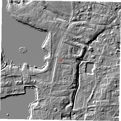 Shaded relief map of the ground around SL68EX, computed from Environment Agency LiDAR. The ground here sits at about 25 m above sea level and falls 4 m across the surrounding 800 m. Surface water reaching this point runs off ground lying to the south-south-west, 1.1 m higher.