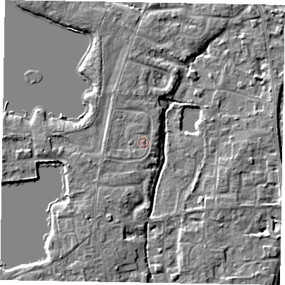 Shaded relief map of the ground around SL68EY, computed from Environment Agency LiDAR. The ground here sits at about 25 m above sea level and falls 5 m across the surrounding 800 m. Surface water reaching this point runs off ground lying to the south, 0.8 m higher.