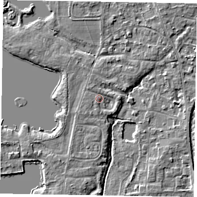 Shaded relief map of the ground around SL68EZ, computed from Environment Agency LiDAR. The ground here sits at about 25 m above sea level and falls 4 m across the surrounding 800 m. Surface water reaching this point runs off ground lying to the south-south-west, 2.0 m higher.