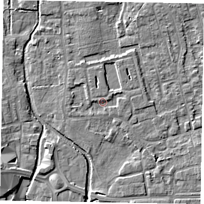 Shaded relief map of the ground around SL68FA, computed from Environment Agency LiDAR. The ground here sits at about 24 m above sea level and falls 9 m across the surrounding 800 m. Surface water reaching this point runs off ground lying to the east-north-east, 1.9 m higher.