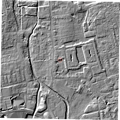 Shaded relief map of the ground around SL68FB, computed from Environment Agency LiDAR. The ground here sits at about 24 m above sea level and falls 8 m across the surrounding 800 m. Surface water reaching this point runs off ground lying to the north-east, 1.7 m higher.