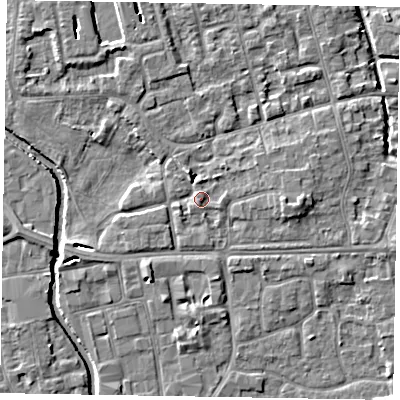 Shaded relief map of the ground around SL68FG, computed from Environment Agency LiDAR. The ground here sits at about 25 m above sea level and falls 7 m across the surrounding 800 m. Surface water reaching this point runs off ground lying to the east-north-east, 1.5 m higher.