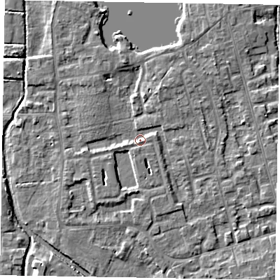 Shaded relief map of the ground around SL68FH, computed from Environment Agency LiDAR. The ground here sits at about 24 m above sea level and falls 4 m across the surrounding 800 m. Surface water reaching this point runs off ground lying to the south-south-east, 3.5 m higher.