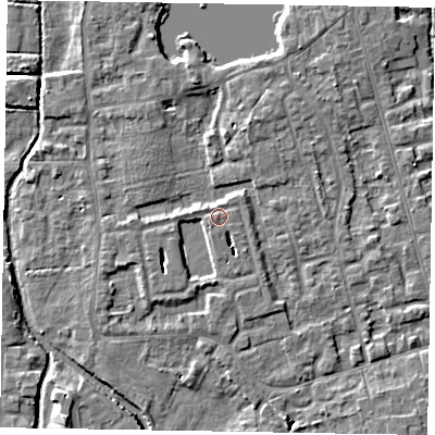 Shaded relief map of the ground around SL68FP, computed from Environment Agency LiDAR. The ground here sits at about 25 m above sea level and falls 5 m across the surrounding 800 m. Surface water reaching this point runs off ground lying to the south-south-west, 3.7 m higher.