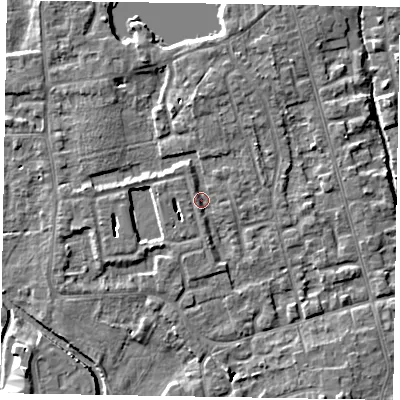 Shaded relief map of the ground around SL68FT, computed from Environment Agency LiDAR. The ground here sits at about 24 m above sea level and falls 5 m across the surrounding 800 m. Surface water reaching this point runs off ground lying to the north, 3.9 m higher.